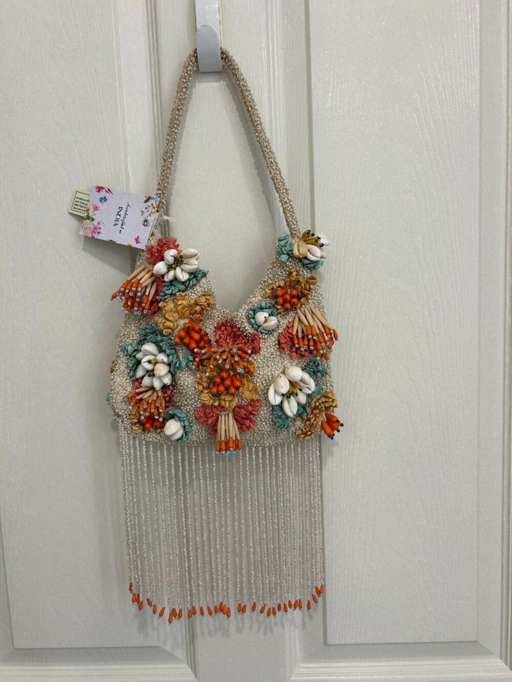 Beaded Fringed Seashells 3D Multicolor Shoulder Bag Handcrafted in India NWT
